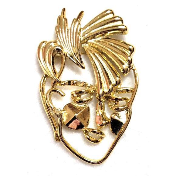 Art Deco 80s Punk Style Face Ladies Womens Brooch Pin Vintage Goldtone Retro - Picture 1 of 4